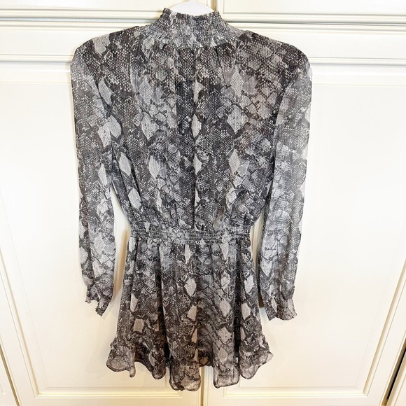 Wayf Revolve Women’s Snake Print Chiffon Keyhole Metallic Ruffle Mini Dress - Picture 13 of 13